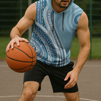Bula Fiji Vintage Tapa Sleeveless Hoodie Kaivity Masi Wave Motifs - Turquoise LT7 - Polynesian Pride