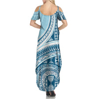 Bula Fiji Vintage Tapa Summer Maxi Dress Kaivity Masi Wave Motifs - Turquoise