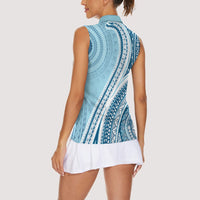 Bula Fiji Vintage Tapa Women Sleeveless Polo Shirt Kaivity Masi Wave Motifs - Turquoise
