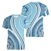 Bula Fiji Vintage Tapa Women V-Neck T-Shirt Kaivity Masi Wave Motifs - Turquoise LT7 - Polynesian Pride