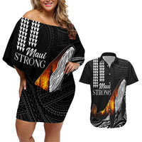 Hawaii Humpback Whale Couples Matching Off Shoulder Short Dress and Hawaiian Shirt Be Strong - Pray For Maui LT7 Black - Polynesian Pride