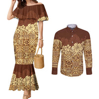 Niue Hiapo Motif Couples Matching Mermaid Dress and Long Sleeve Button Shirt Tapa Classic LT7 Beige - Polynesian Pride