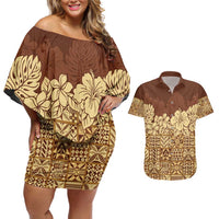 Niue Hiapo Motif Couples Matching Off Shoulder Short Dress and Hawaiian Shirt Tapa Classic LT7 Beige - Polynesian Pride