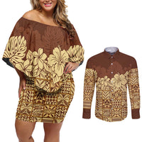 Niue Hiapo Motif Couples Matching Off Shoulder Short Dress and Long Sleeve Button Shirt Tapa Classic LT7 Beige - Polynesian Pride
