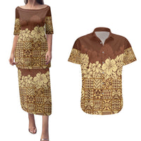 Niue Hiapo Motif Couples Matching Puletasi and Hawaiian Shirt Tapa Classic LT7 Beige - Polynesian Pride
