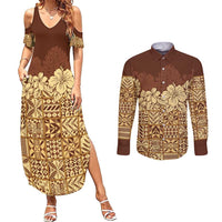 Niue Hiapo Motif Couples Matching Summer Maxi Dress and Long Sleeve Button Shirt Tapa Classic LT7 Beige - Polynesian Pride