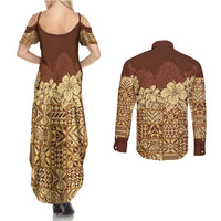 Niue Hiapo Motif Couples Matching Summer Maxi Dress and Long Sleeve Button Shirt Tapa Classic LT7 - Polynesian Pride