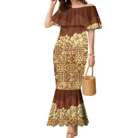 Niue Hiapo Motif Family Matching Mermaid Dress and Hawaiian Shirt Tapa Classic LT7 Mom's Dress Beige - Polynesian Pride
