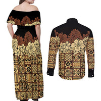 Niue Hiapo Motif Couples Matching Off Shoulder Maxi Dress and Long Sleeve Button Shirt Tapa Classic - Black Ver LT7 - Polynesian Pride