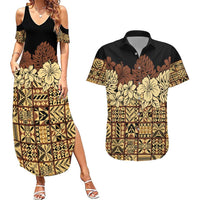 Niue Hiapo Motif Couples Matching Summer Maxi Dress and Hawaiian Shirt Tapa Classic - Black Ver LT7 Black - Polynesian Pride