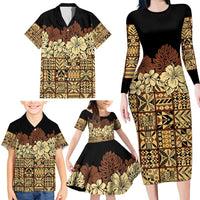 Niue Hiapo Motif Family Matching Long Sleeve Bodycon Dress and Hawaiian Shirt Tapa Classic - Black Ver LT7 - Polynesian Pride