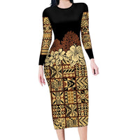 Niue Hiapo Motif Family Matching Long Sleeve Bodycon Dress and Hawaiian Shirt Tapa Classic - Black Ver LT7 Mom's Dress Black - Polynesian Pride