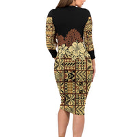 Niue Hiapo Motif Family Matching Long Sleeve Bodycon Dress and Hawaiian Shirt Tapa Classic - Black Ver LT7 - Polynesian Pride