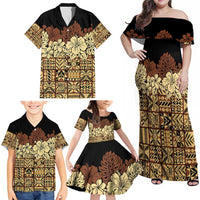 Niue Hiapo Motif Family Matching Off Shoulder Maxi Dress and Hawaiian Shirt Tapa Classic - Black Ver LT7 - Polynesian Pride