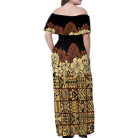 Niue Hiapo Motif Family Matching Off Shoulder Maxi Dress and Hawaiian Shirt Tapa Classic - Black Ver LT7 - Polynesian Pride