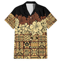 Niue Hiapo Motif Family Matching Off Shoulder Short Dress and Hawaiian Shirt Tapa Classic - Black Ver LT7 Dad's Shirt - Short Sleeve Black - Polynesian Pride