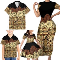Niue Hiapo Motif Family Matching Short Sleeve Bodycon Dress and Hawaiian Shirt Tapa Classic - Black Ver LT7 - Polynesian Pride