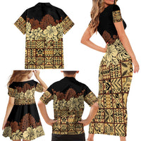 Niue Hiapo Motif Family Matching Short Sleeve Bodycon Dress and Hawaiian Shirt Tapa Classic - Black Ver LT7 - Polynesian Pride