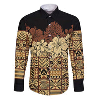 Niue Hiapo Motif Family Matching Summer Maxi Dress and Hawaiian Shirt Tapa Classic - Black Ver LT7 Dad's Shirt - Long Sleeve Black - Polynesian Pride