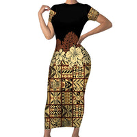 Niue Hiapo Motif Short Sleeve Bodycon Dress Tapa Classic - Black Ver LT7 Long Dress Black - Polynesian Pride