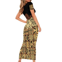 Niue Hiapo Motif Short Sleeve Bodycon Dress Tapa Classic - Black Ver LT7 - Polynesian Pride