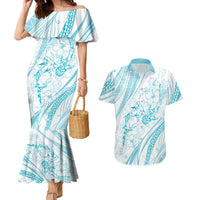 Sharks Couple Dreamy Polynesians Floral Sea Couples Matching Mermaid Dress and Hawaiian Shirt Turquoise - Polynesian Pride