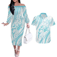 Sharks Couple Dreamy Polynesians Floral Sea Couples Matching Off The Shoulder Long Sleeve Dress and Hawaiian Shirt Turquoise - Polynesian Pride