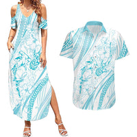 Sharks Couple Dreamy Polynesians Floral Sea Couples Matching Summer Maxi Dress and Hawaiian Shirt Turquoise - Polynesian Pride