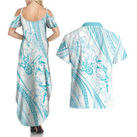 Sharks Couple Dreamy Polynesians Floral Sea Couples Matching Summer Maxi Dress and Hawaiian Shirt Turquoise - Polynesian Pride