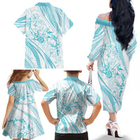 Sharks Couple Dreamy Polynesians Floral Sea Family Matching Off The Shoulder Long Sleeve Dress and Hawaiian Shirt Turquoise - Polynesian Pride