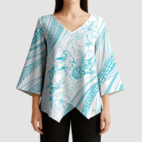 Sharks Couple Dreamy Polynesians Floral Sea Kimono Sleeve Blouse Turquoise - Polynesian Pride