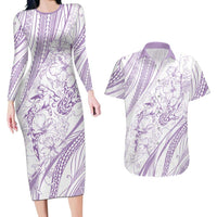 Sharks Couple Dreamy Polynesians Floral Sea Couples Matching Long Sleeve Bodycon Dress and Hawaiian Shirt Lilac - Polynesian Pride