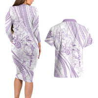 Sharks Couple Dreamy Polynesians Floral Sea Couples Matching Long Sleeve Bodycon Dress and Hawaiian Shirt Lilac - Polynesian Pride