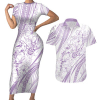 Sharks Couple Dreamy Polynesians Floral Sea Couples Matching Short Sleeve Bodycon Dress and Hawaiian Shirt Lilac - Polynesian Pride