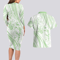 Sharks Couple Dreamy Polynesians Floral Sea Couples Matching Long Sleeve Bodycon Dress and Hawaiian Shirt Emerald - Polynesian Pride