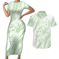 Sharks Couple Dreamy Polynesians Floral Sea Couples Matching Short Sleeve Bodycon Dress and Hawaiian Shirt Emerald - Polynesian Pride