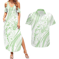 Sharks Couple Dreamy Polynesians Floral Sea Couples Matching Summer Maxi Dress and Hawaiian Shirt Emerald - Polynesian Pride