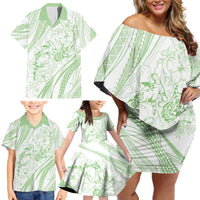 Sharks Couple Dreamy Polynesians Floral Sea Family Matching Off Shoulder Short Dress and Hawaiian Shirt Emerald - Polynesian Pride