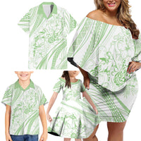 Sharks Couple Dreamy Polynesians Floral Sea Family Matching Off Shoulder Short Dress and Hawaiian Shirt Emerald - Polynesian Pride