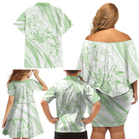 Sharks Couple Dreamy Polynesians Floral Sea Family Matching Off Shoulder Short Dress and Hawaiian Shirt Emerald - Polynesian Pride