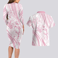 Sharks Couple Dreamy Polynesians Floral Sea Couples Matching Long Sleeve Bodycon Dress and Hawaiian Shirt Pink - Polynesian Pride