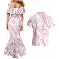 Sharks Couple Dreamy Polynesians Floral Sea Couples Matching Mermaid Dress and Hawaiian Shirt Pink - Polynesian Pride