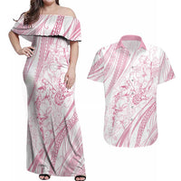 Sharks Couple Dreamy Polynesians Floral Sea Couples Matching Off Shoulder Maxi Dress and Hawaiian Shirt Pink - Polynesian Pride