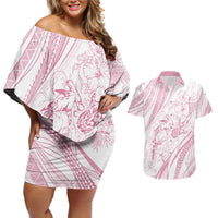 Sharks Couple Dreamy Polynesians Floral Sea Couples Matching Off Shoulder Short Dress and Hawaiian Shirt Pink - Polynesian Pride