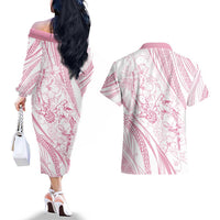 Sharks Couple Dreamy Polynesians Floral Sea Couples Matching Off The Shoulder Long Sleeve Dress and Hawaiian Shirt Pink - Polynesian Pride