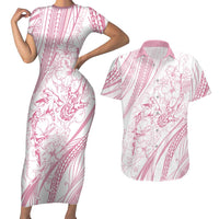 Sharks Couple Dreamy Polynesians Floral Sea Couples Matching Short Sleeve Bodycon Dress and Hawaiian Shirt Pink - Polynesian Pride