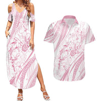 Sharks Couple Dreamy Polynesians Floral Sea Couples Matching Summer Maxi Dress and Hawaiian Shirt Pink - Polynesian Pride