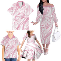 Sharks Couple Dreamy Polynesians Floral Sea Family Matching Off The Shoulder Long Sleeve Dress and Hawaiian Shirt Pink - Polynesian Pride