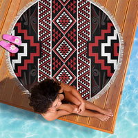 Red Tukutuku Pattern Aotearoa Beach Blanket Niho Taniwha and Puhoro Motifs