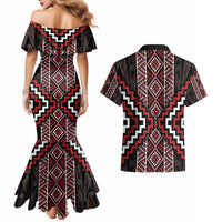 Red Tukutuku Pattern Aotearoa Couples Matching Mermaid Dress and Hawaiian Shirt Niho Taniwha and Puhoro Motifs LT7 - Polynesian Pride